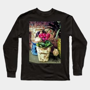 Cyclamen - Cyclamen in Flowerpot and Ceramic Bird Long Sleeve T-Shirt